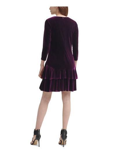 DKNY Womens Stretch Zippered Velvet Tiered Ruffled Hem 3/4 Sleeve Crew Neck Above The Knee Party Sheath Dress