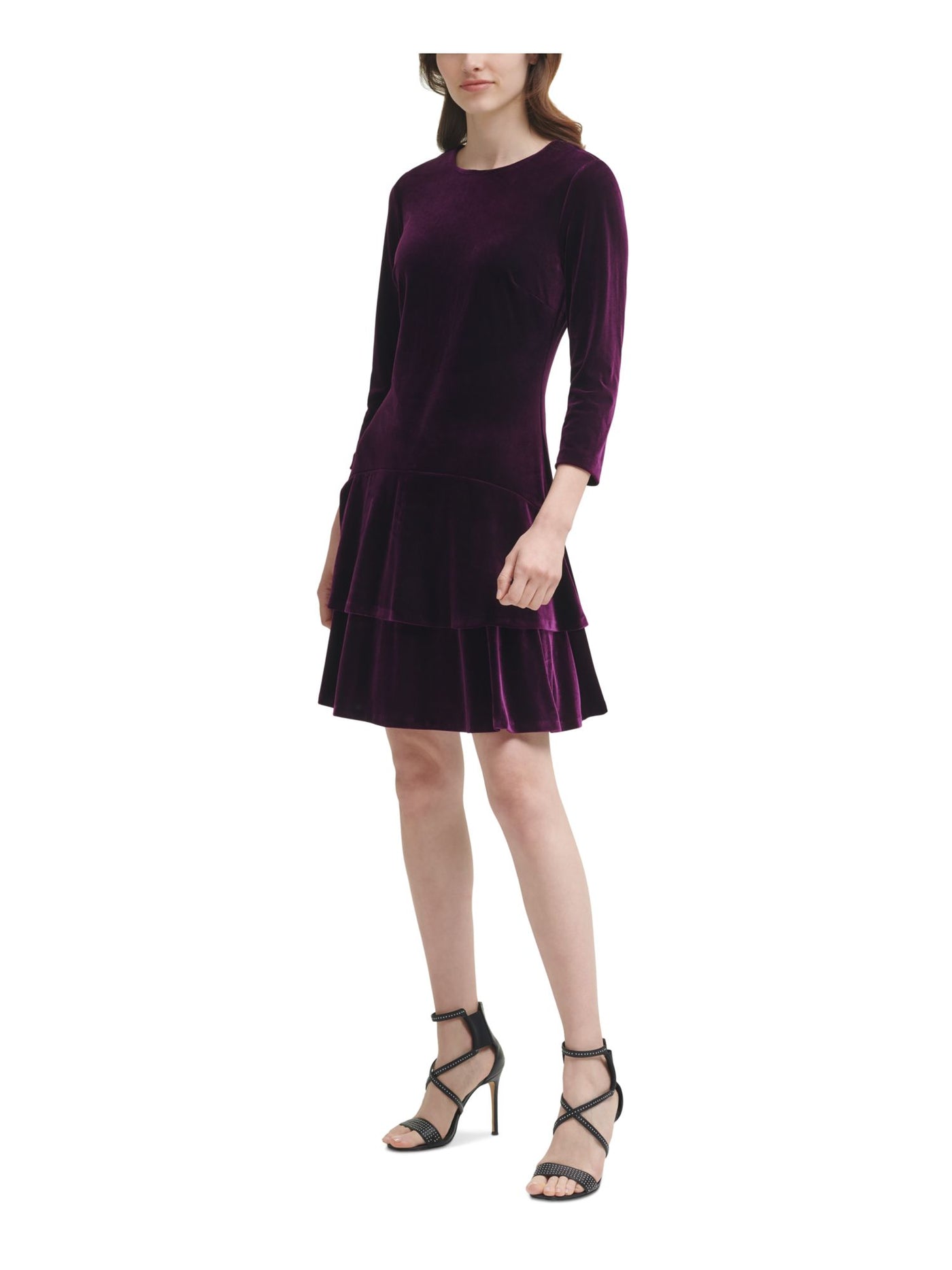 DKNY Womens Purple Stretch Zippered Velvet Tiered Ruffled Hem 3/4 Sleeve Crew Neck Above The Knee Party Sheath Dress 2