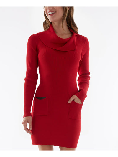 BCX DRESS Womens Red Ribbed Patch Pleather Pockets Long Sleeve Cowl Neck Above The Knee Sweater Dress XL