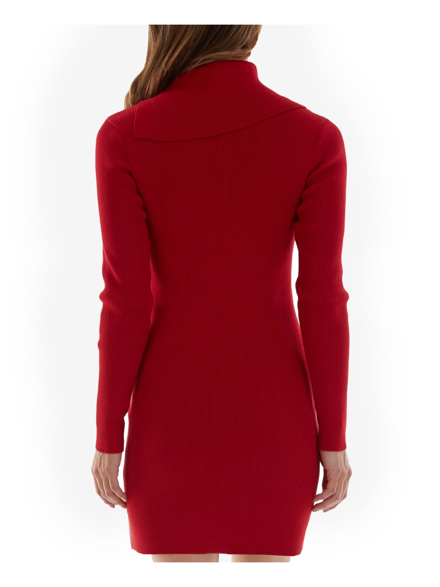 BCX DRESS Womens Red Ribbed Patch Pleather Pockets Long Sleeve Cowl Neck Above The Knee Sweater Dress XL