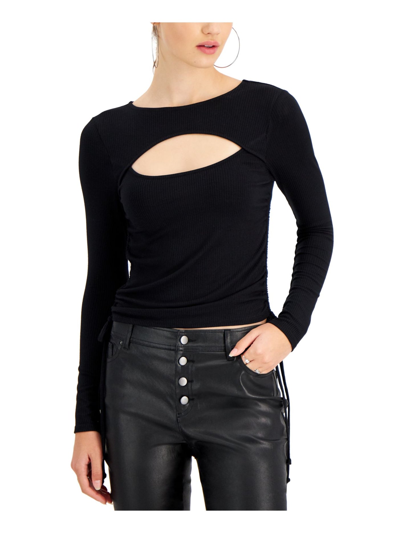 CRAVE FAME Womens Black Cut Out Ribbed Drawstring Ruched Sides Long Sleeve Scoop Neck Top XL