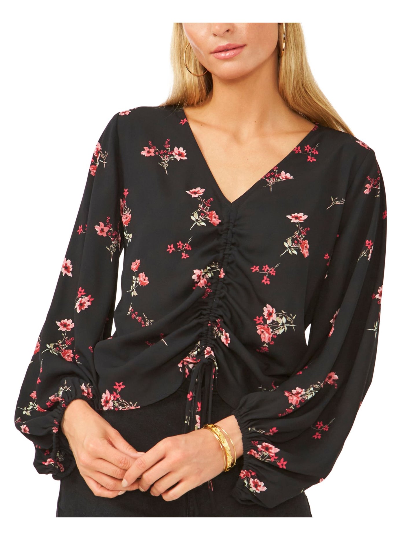 VINCE CAMUTO Womens Black Ruched Tie Floral Blouson Sleeve V Neck Blouse XS