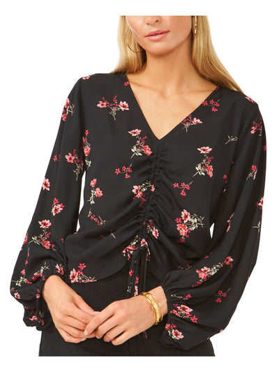 VINCE CAMUTO Womens Black Ruched Tie Floral Blouson Sleeve V Neck Blouse XS