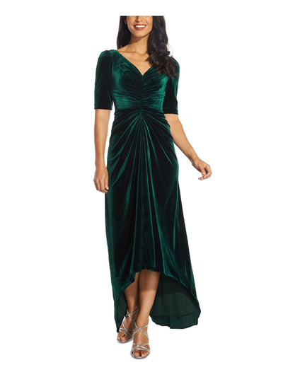 ADRIANNA PAPELL Womens Green Stretch Ruched Zippered Lined Elbow Sleeve V Neck Full-Length Formal Hi-Lo Dress 14