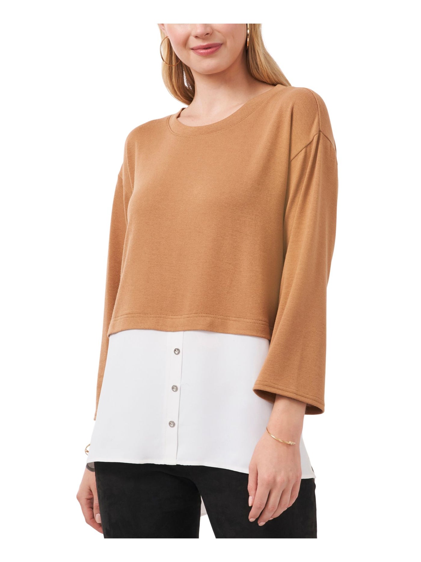 VINCE CAMUTO Womens Brown Color Block 3/4 Sleeve Crew Neck Top S