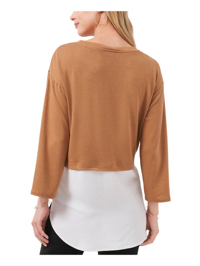 VINCE CAMUTO Womens Brown Color Block 3/4 Sleeve Crew Neck Top S