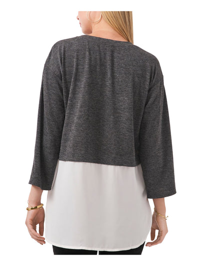 VINCE CAMUTO Womens Gray Color Block 3/4 Sleeve Crew Neck Top L