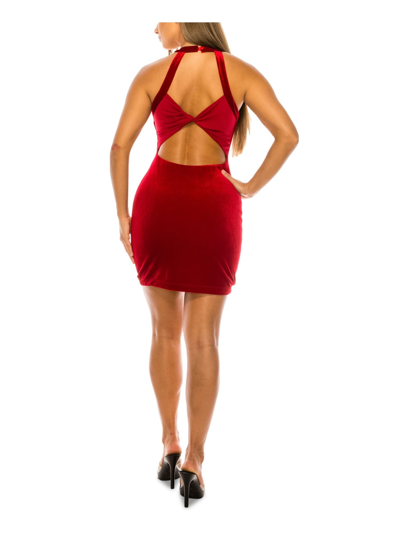 B DARLIN Womens Red Stretch Short Length Open Back With Twist Lined Sleeveless Halter Mini Evening Sheath Dress 11\12