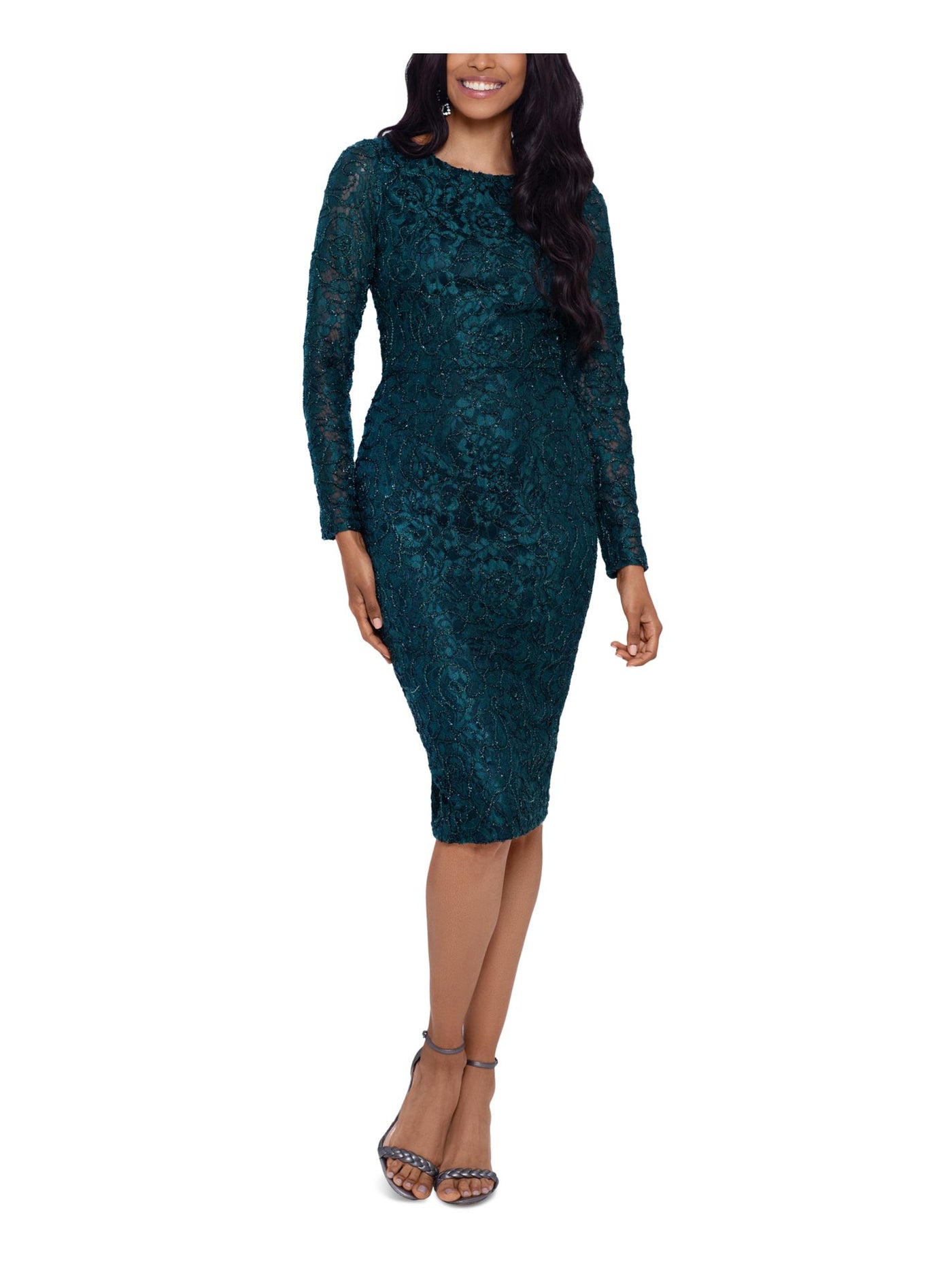 XSCAPE Womens Teal Zippered Slitted Lined Textured Long Sleeve Round Neck Below The Knee Cocktail Body Con Dress 4