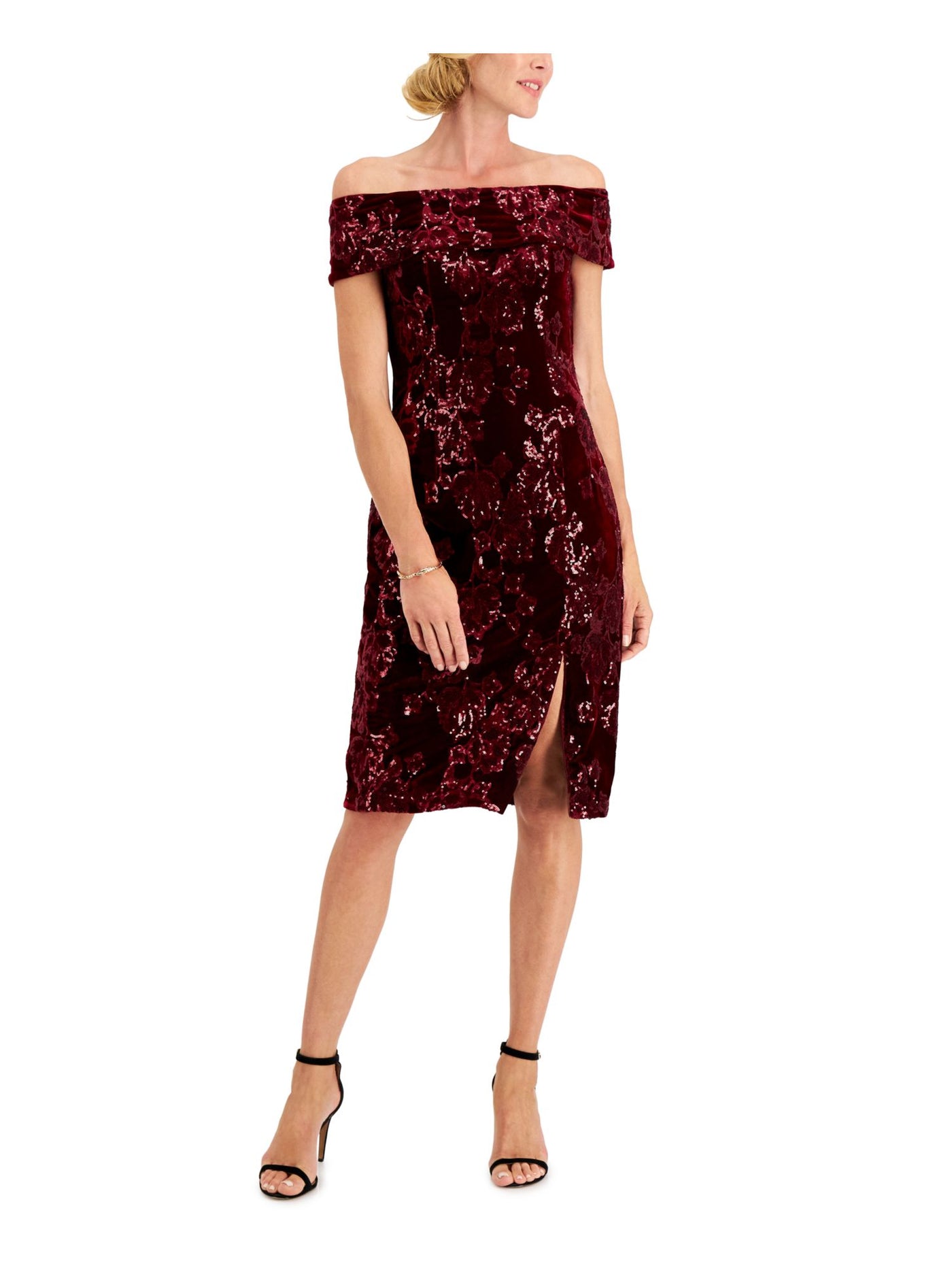 ADRIANNA PAPELL Womens Burgundy Stretch Embellished Zippered Lined Short Sleeve Off Shoulder Knee Length Evening Sheath Dress 2