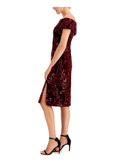 ADRIANNA PAPELL Womens Burgundy Stretch Embellished Zippered Lined Short Sleeve Off Shoulder Knee Length Evening Sheath Dress 2