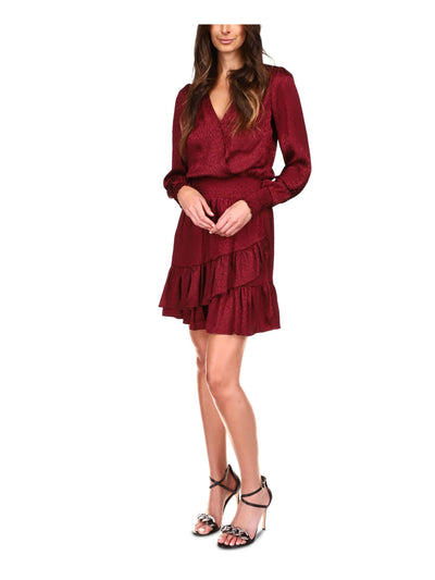 MICHAEL MICHAEL KORS Womens Maroon Smocked Ruffled Cuffed Pull-on Style Long Sleeve V Neck Above The Knee Cocktail Faux Wrap Dress XXS