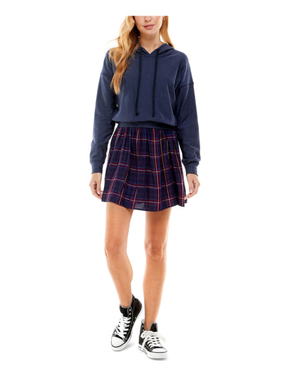 KINGSTON GREY Womens Navy Pleated Drawstring Hoodie Layered Look Long Sleeve Short Sweatshirt Dress XXS
