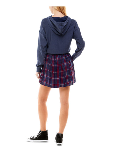 KINGSTON GREY Womens Navy Pleated Drawstring Hoodie Layered Look Long Sleeve Short Sweatshirt Dress XXS