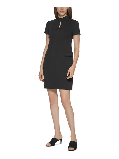 CALVIN KLEIN Womens Black Pocketed Zippered Keyhole Front Darted Unlined Short Sleeve Mock Neck Above The Knee Evening Sheath Dress 2