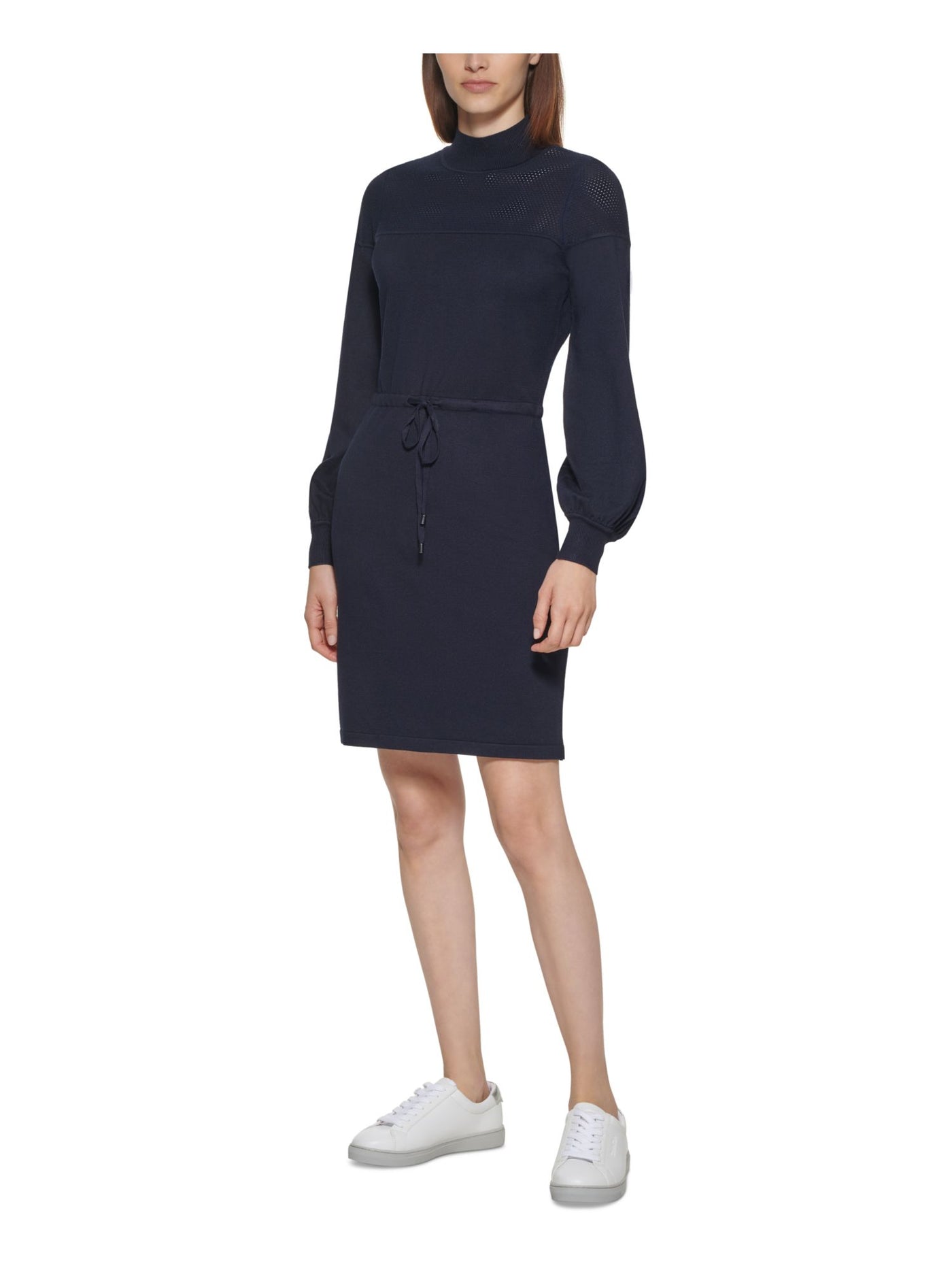 CALVIN KLEIN Womens Navy Stretch Tie Eyelet Blouson Sleeve Turtle Neck Above The Knee Sweater Dress S