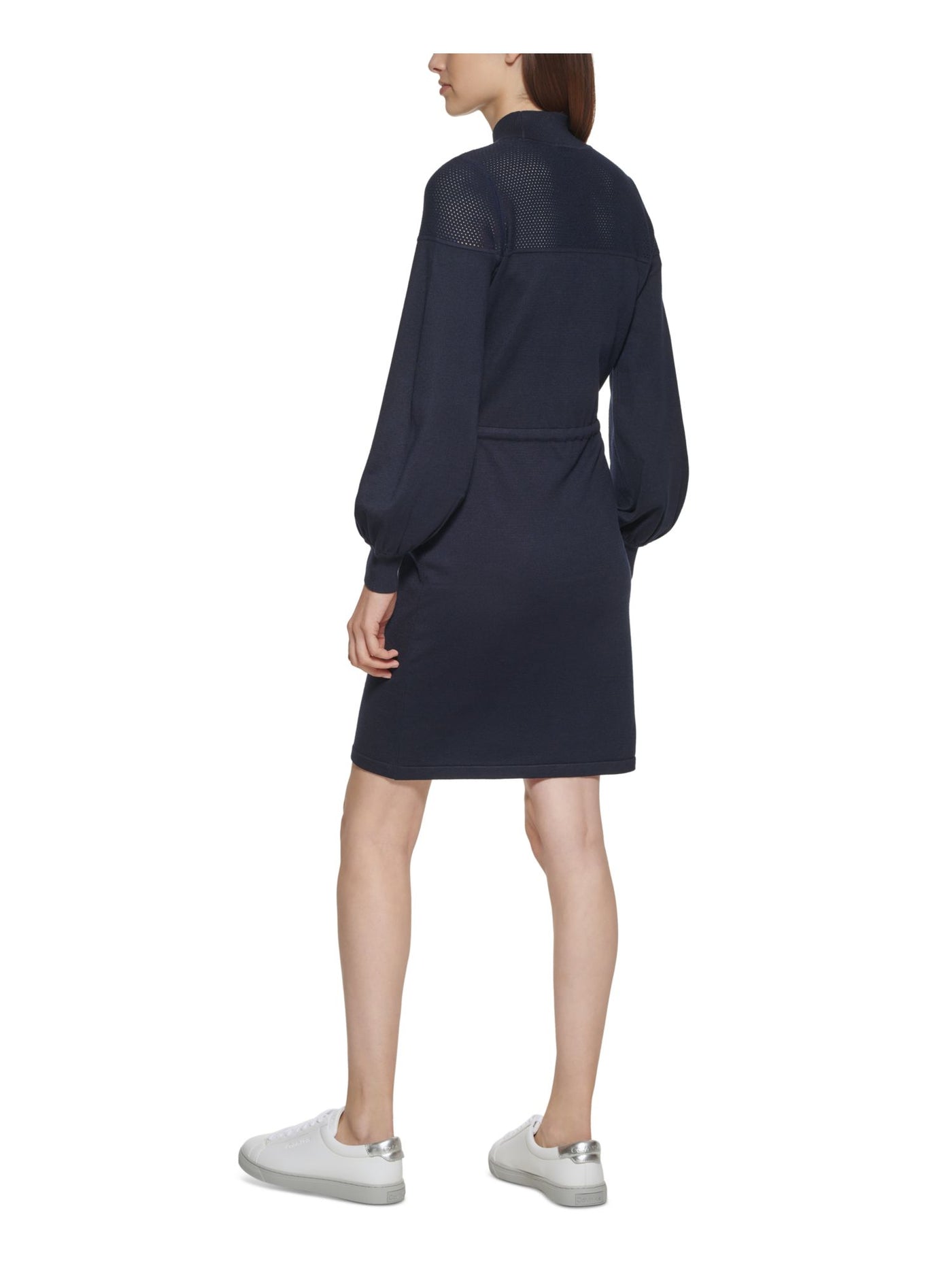 CALVIN KLEIN Womens Navy Stretch Tie Eyelet Blouson Sleeve Turtle Neck Above The Knee Sweater Dress S