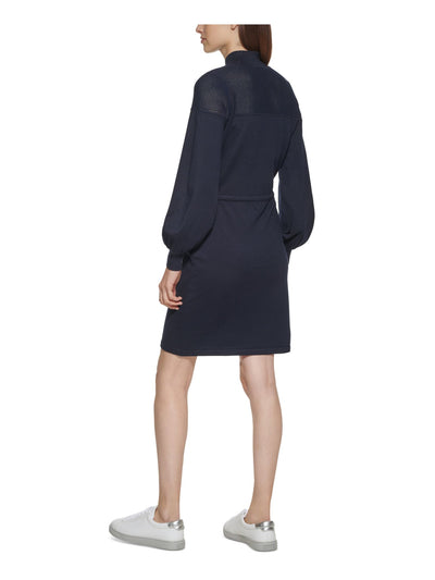 CALVIN KLEIN Womens Navy Stretch Tie Eyelet Blouson Sleeve Turtle Neck Above The Knee Sweater Dress S
