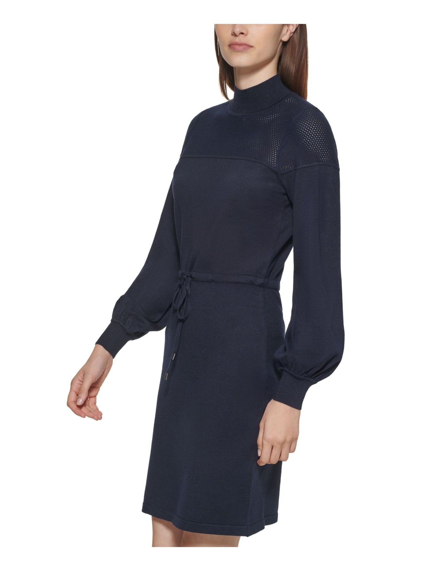 CALVIN KLEIN Womens Navy Stretch Tie Eyelet Blouson Sleeve Turtle Neck Above The Knee Sweater Dress S