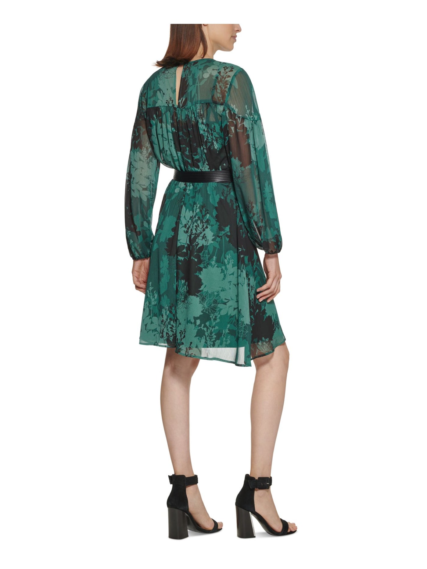 CALVIN KLEIN Womens Green Sheer Button Keyhole Closure Floral Long Sleeve Round Neck Above The Knee Cocktail A-Line Dress 14