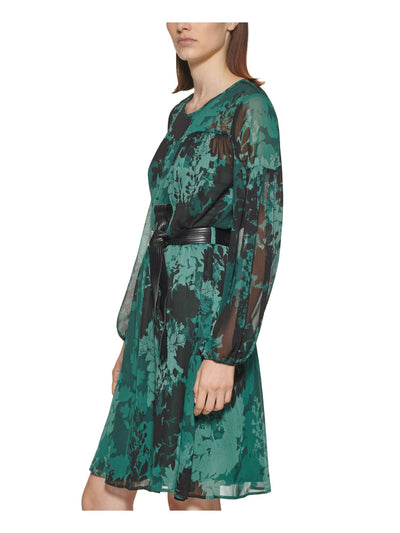 CALVIN KLEIN Womens Green Sheer Button Keyhole Closure Floral Long Sleeve Round Neck Above The Knee Cocktail A-Line Dress 4