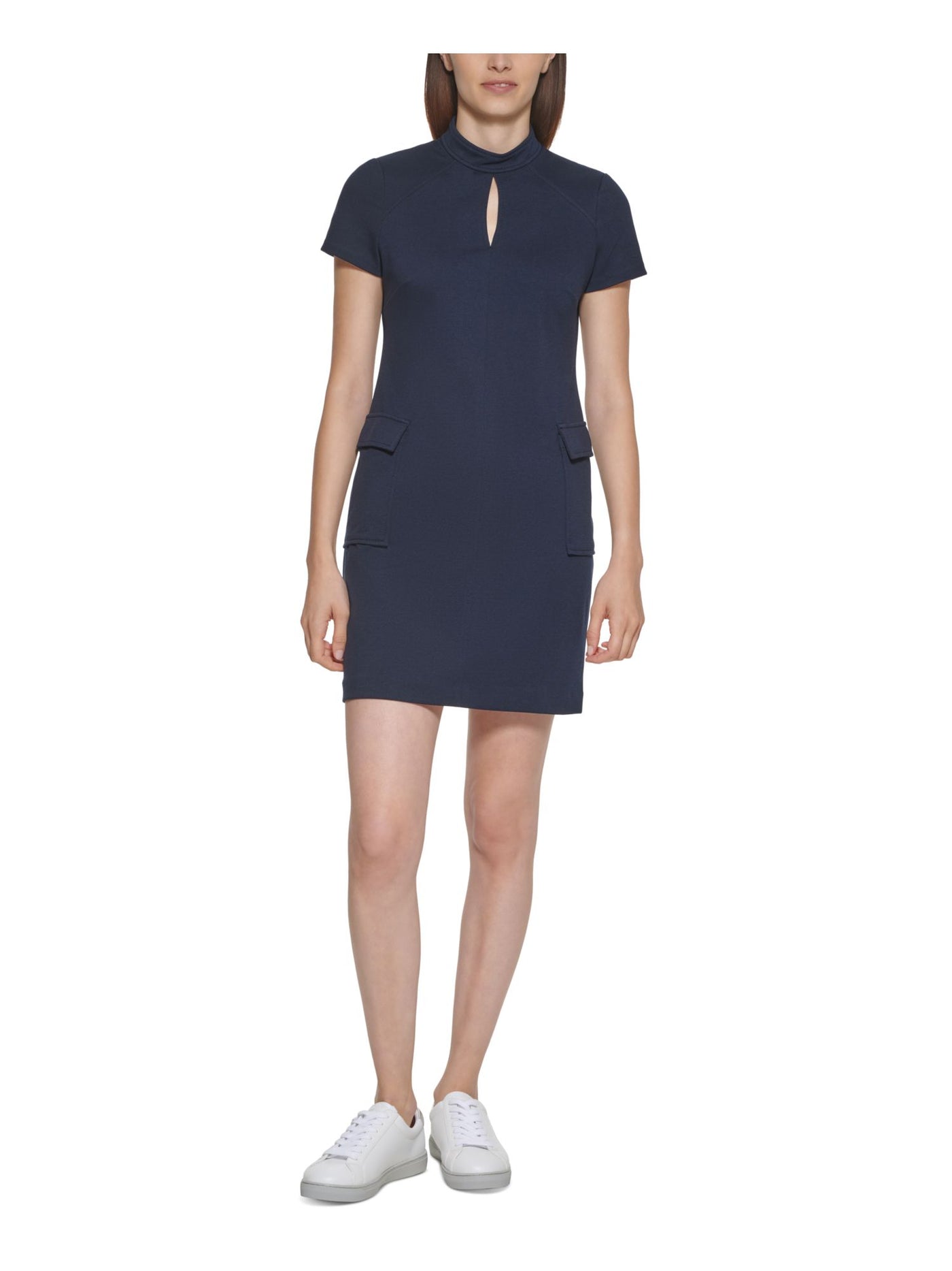 CALVIN KLEIN Womens Navy Zippered Pocketed Keyhole Front Short Sleeve Mock Neck Short A-Line Dress Petites 12P