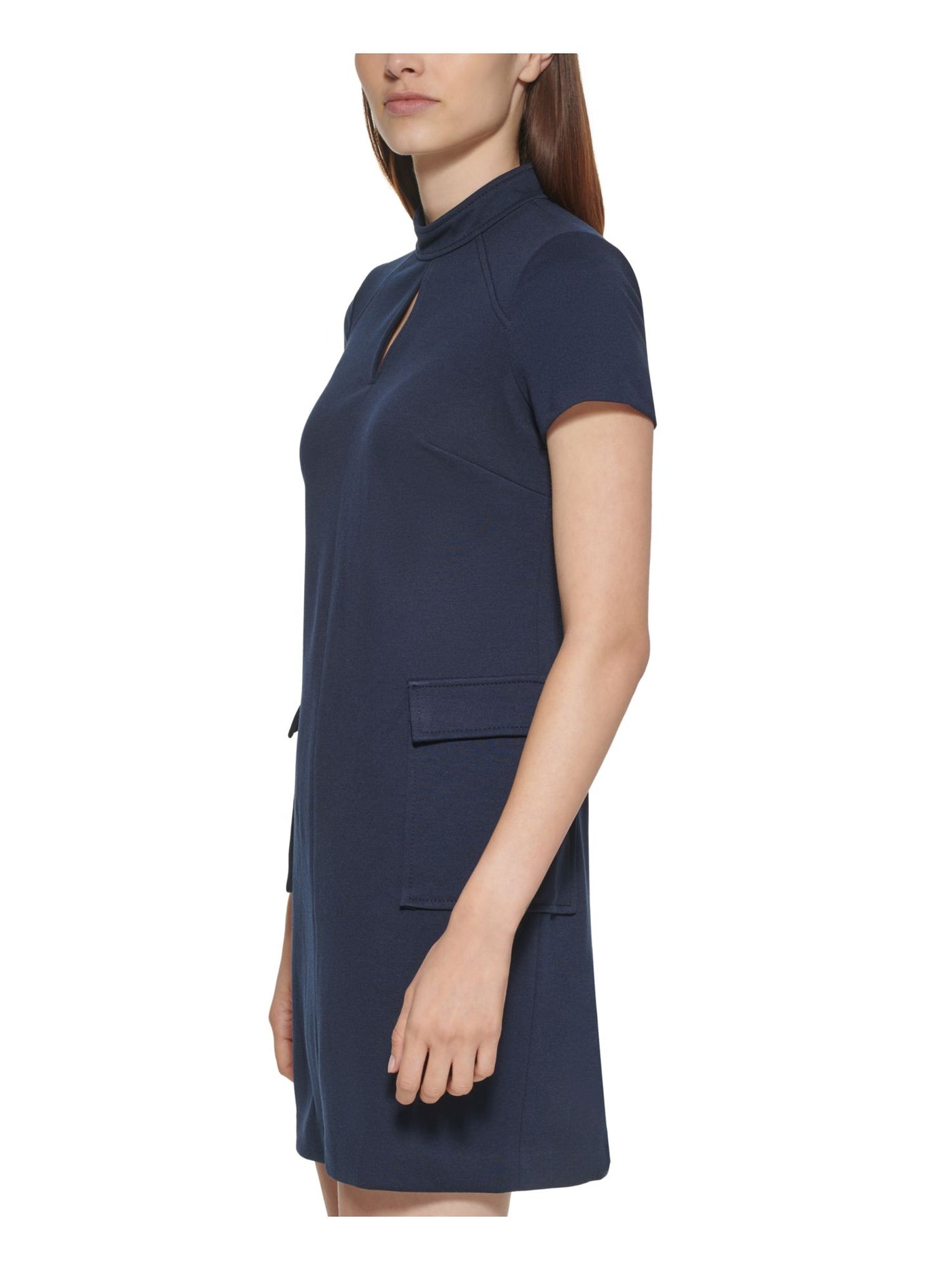 CALVIN KLEIN Womens Navy Zippered Pocketed Keyhole Front Short Sleeve Mock Neck Short A-Line Dress Petites 2P