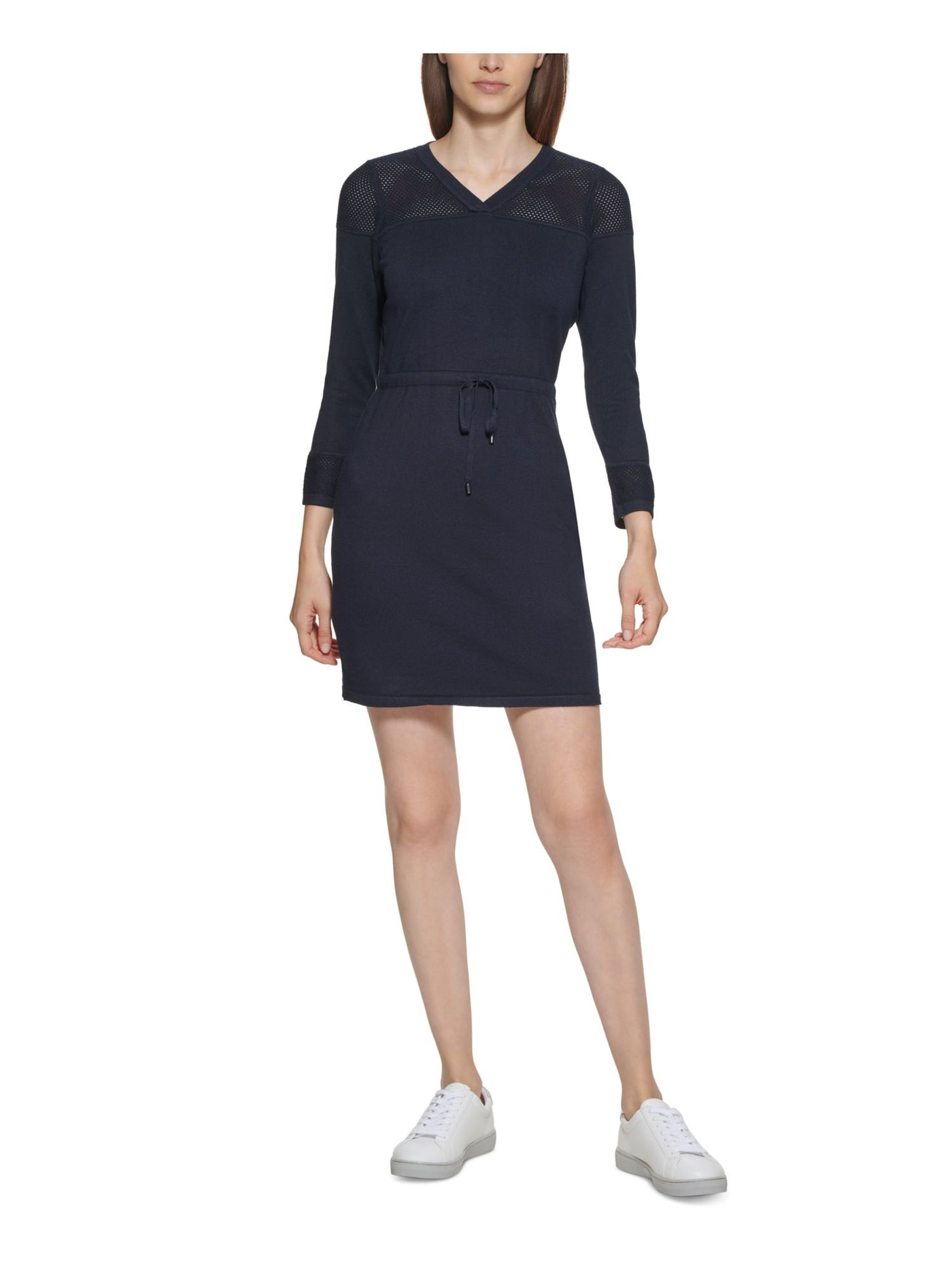 CALVIN KLEIN Womens Navy Stretch Ribbed Tie Pointelle-trim 3/4 Sleeve V Neck Short Sweater Dress Petites PM