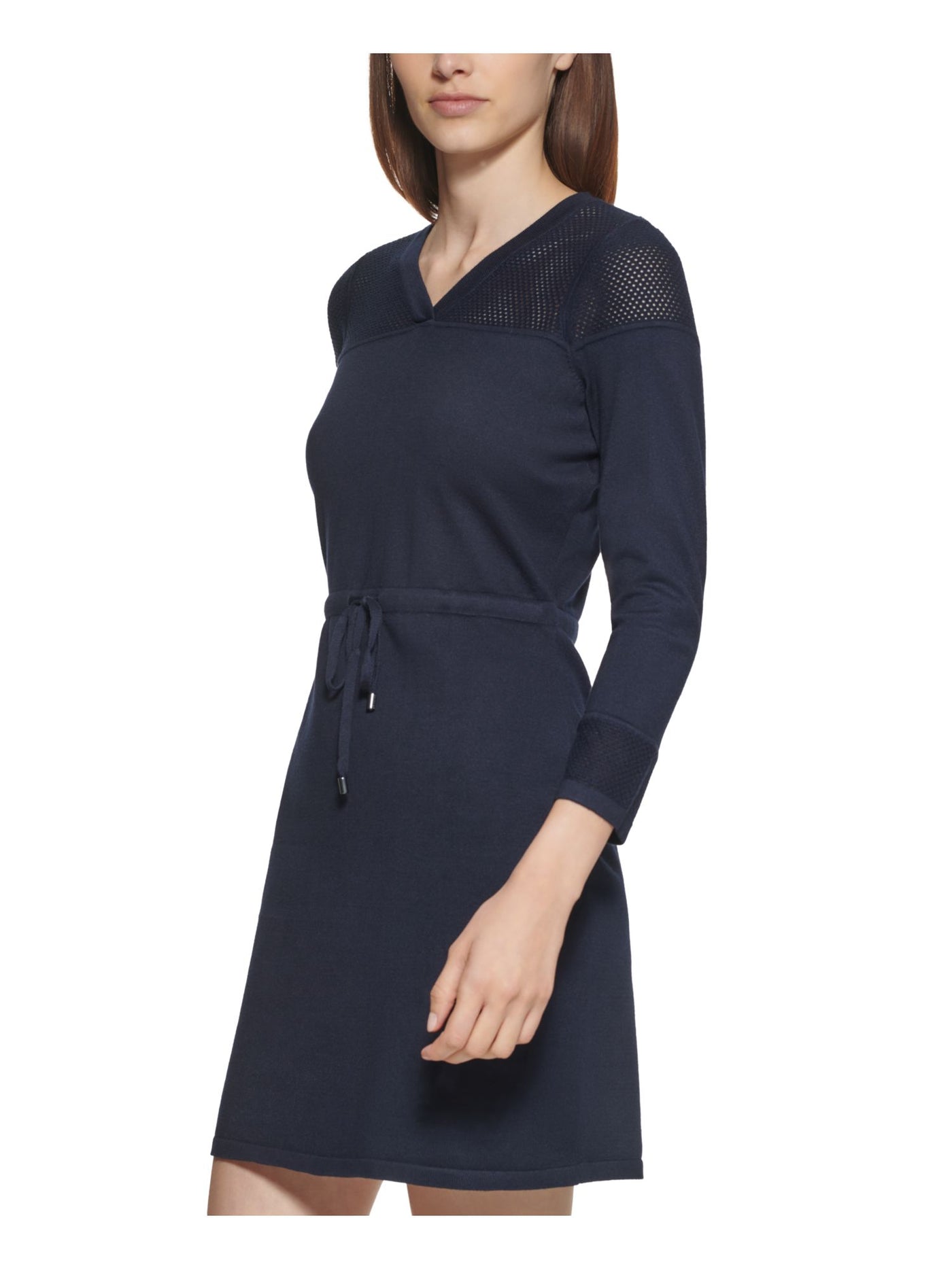 CALVIN KLEIN Womens Navy Stretch Ribbed Tie Pointelle-trim 3/4 Sleeve V Neck Short Sweater Dress Petites PS