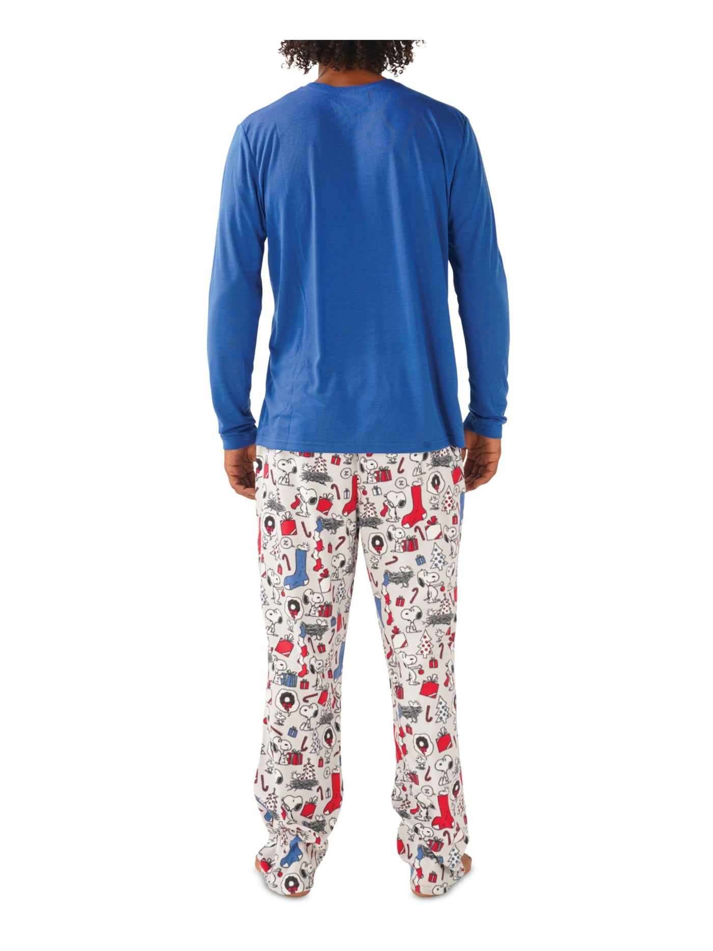 HYBRID APPAREL Mens Blue Graphic Elastic Band Long Sleeve T-Shirt Top Straight leg Pants Fleece Pajamas L