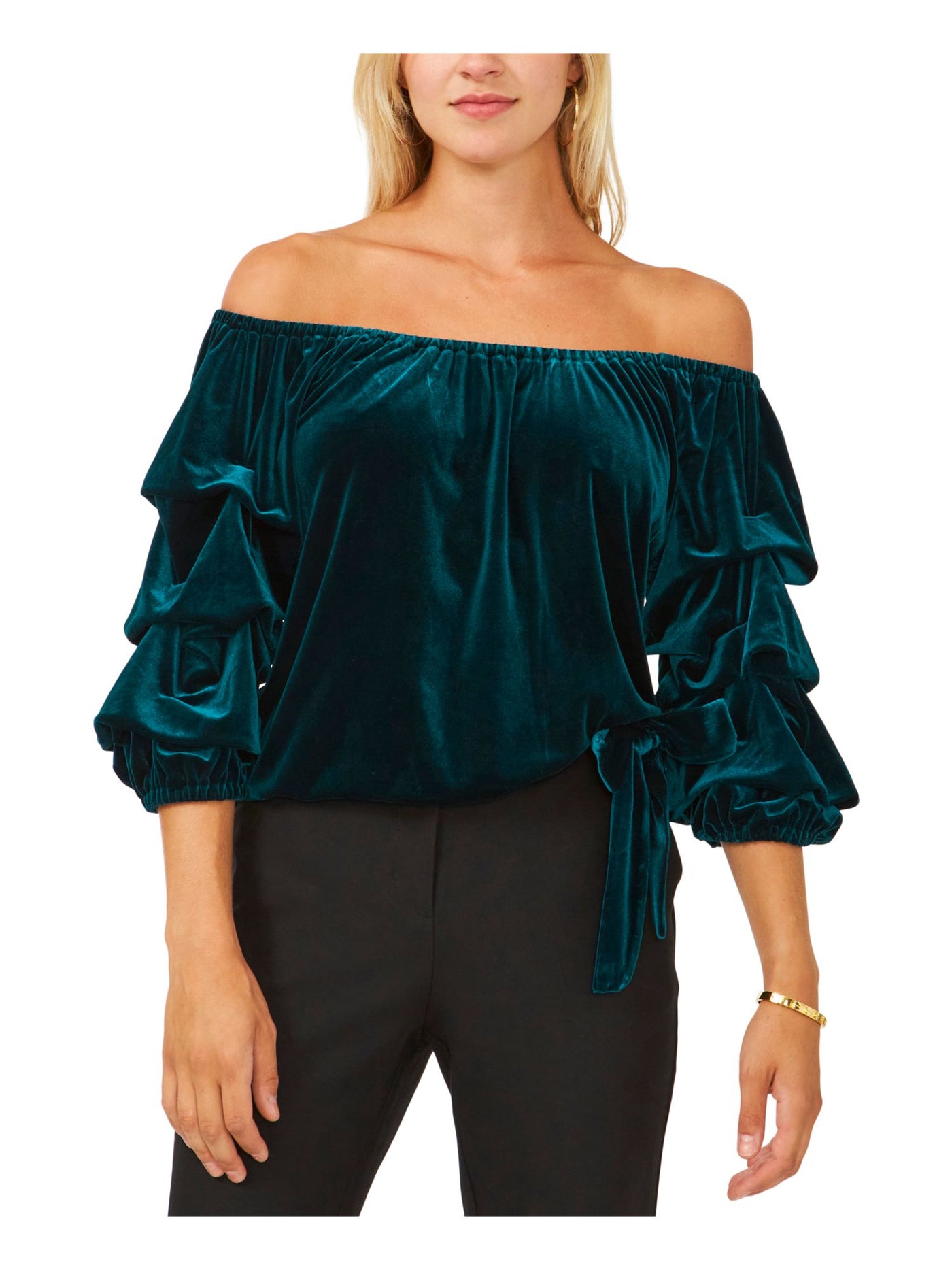 MSK Womens Green Stretch Ruched Bow 3/4 Sleeve Off Shoulder Party Top Petites PM