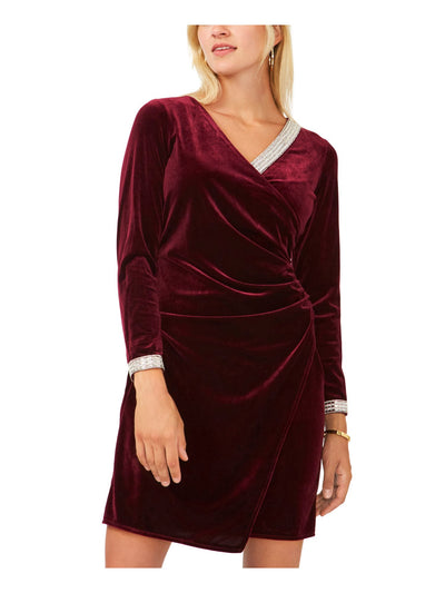 MSK PETITES Womens Burgundy Stretch Embellished Ruched Pullover 3/4 Sleeve Surplice Neckline Short Cocktail Faux Wrap Dress Petites PS