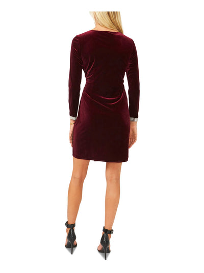 MSK PETITES Womens Burgundy Stretch Embellished Ruched Pullover 3/4 Sleeve Surplice Neckline Short Cocktail Faux Wrap Dress Petites PS