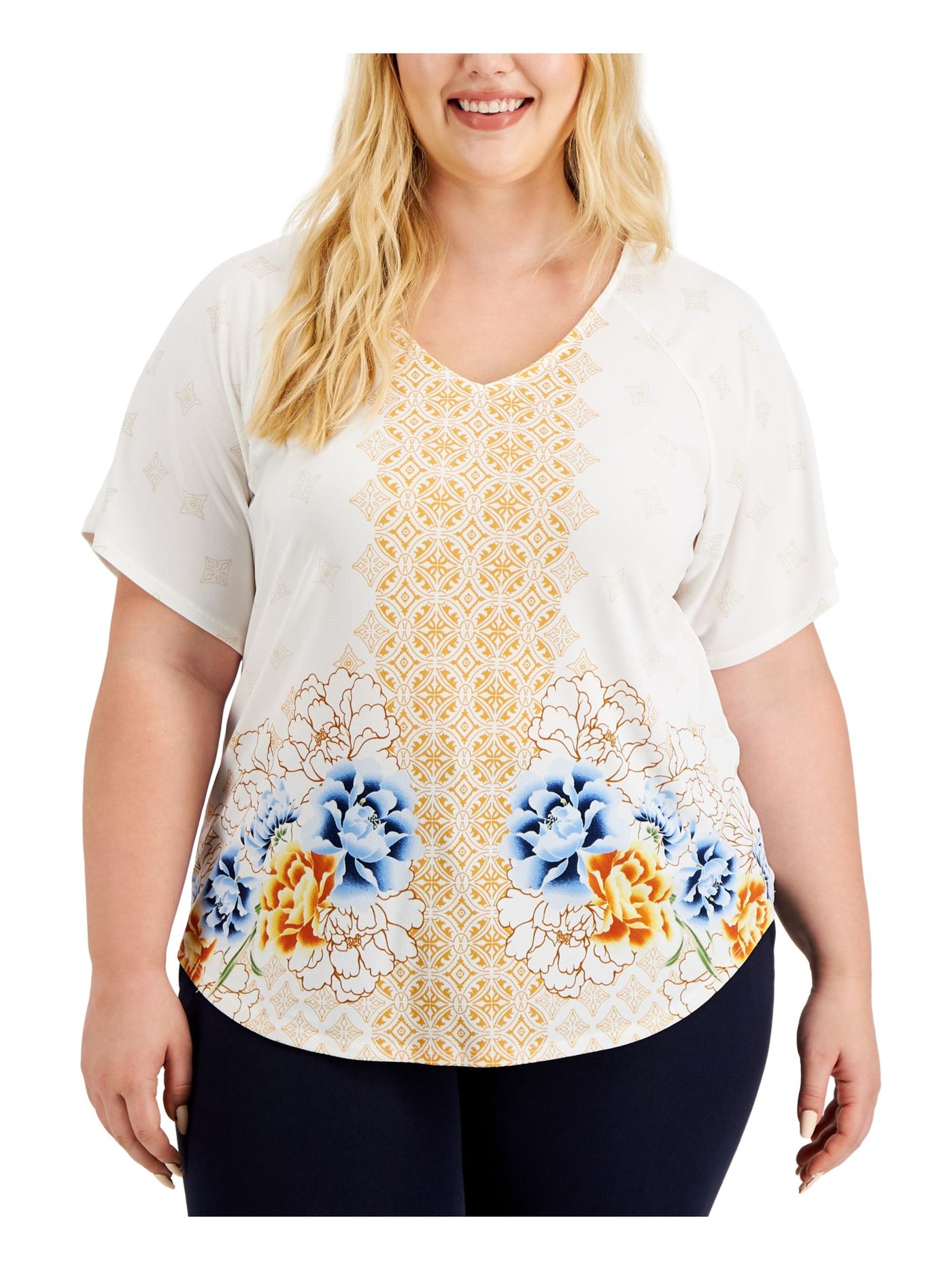 JM COLLECTION Womens White Printed V Neck Top Plus 1X