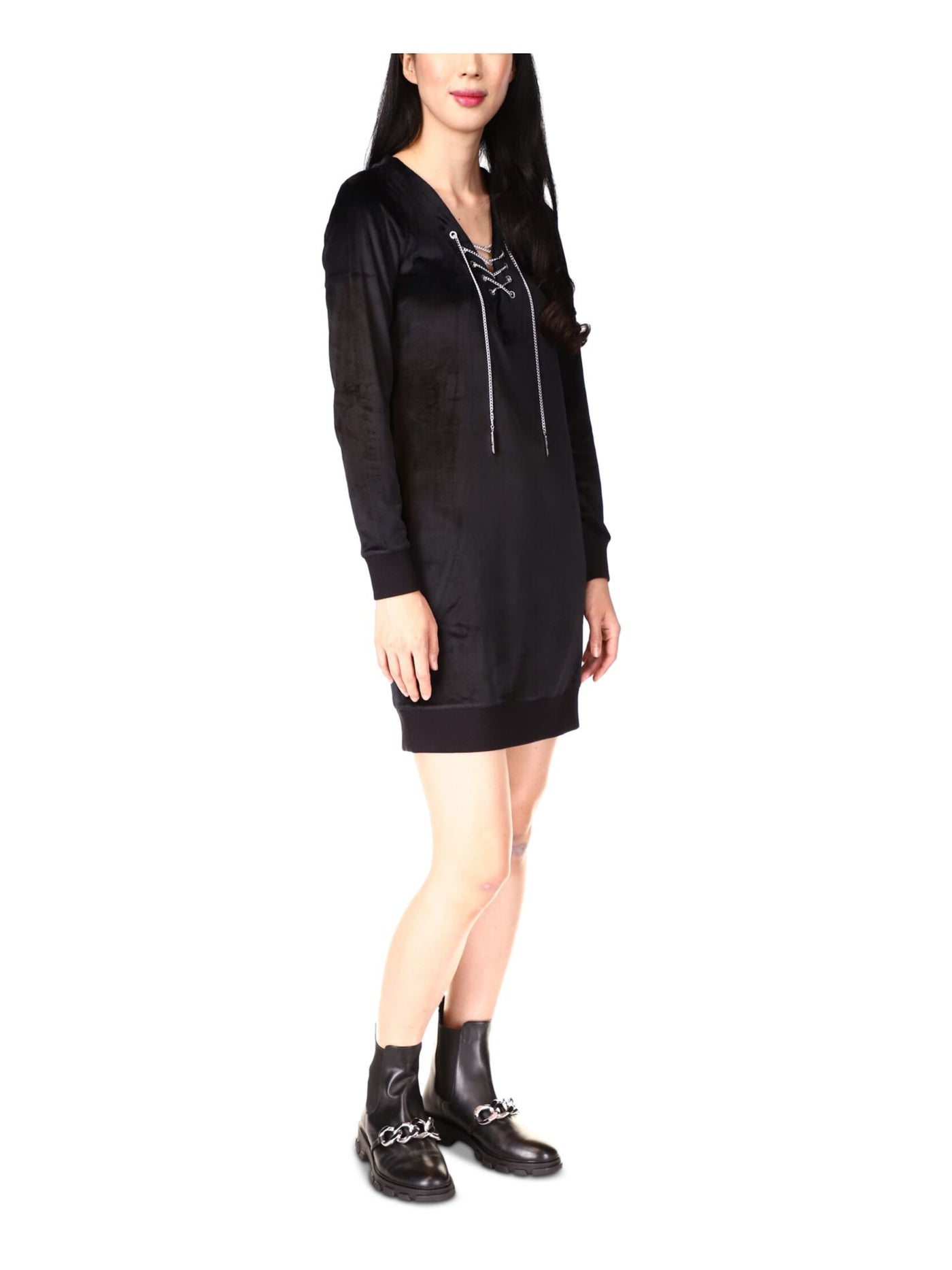 MICHAEL MICHAEL KORS Womens Black Long Sleeve V Neck Above The Knee Sheath Dress S