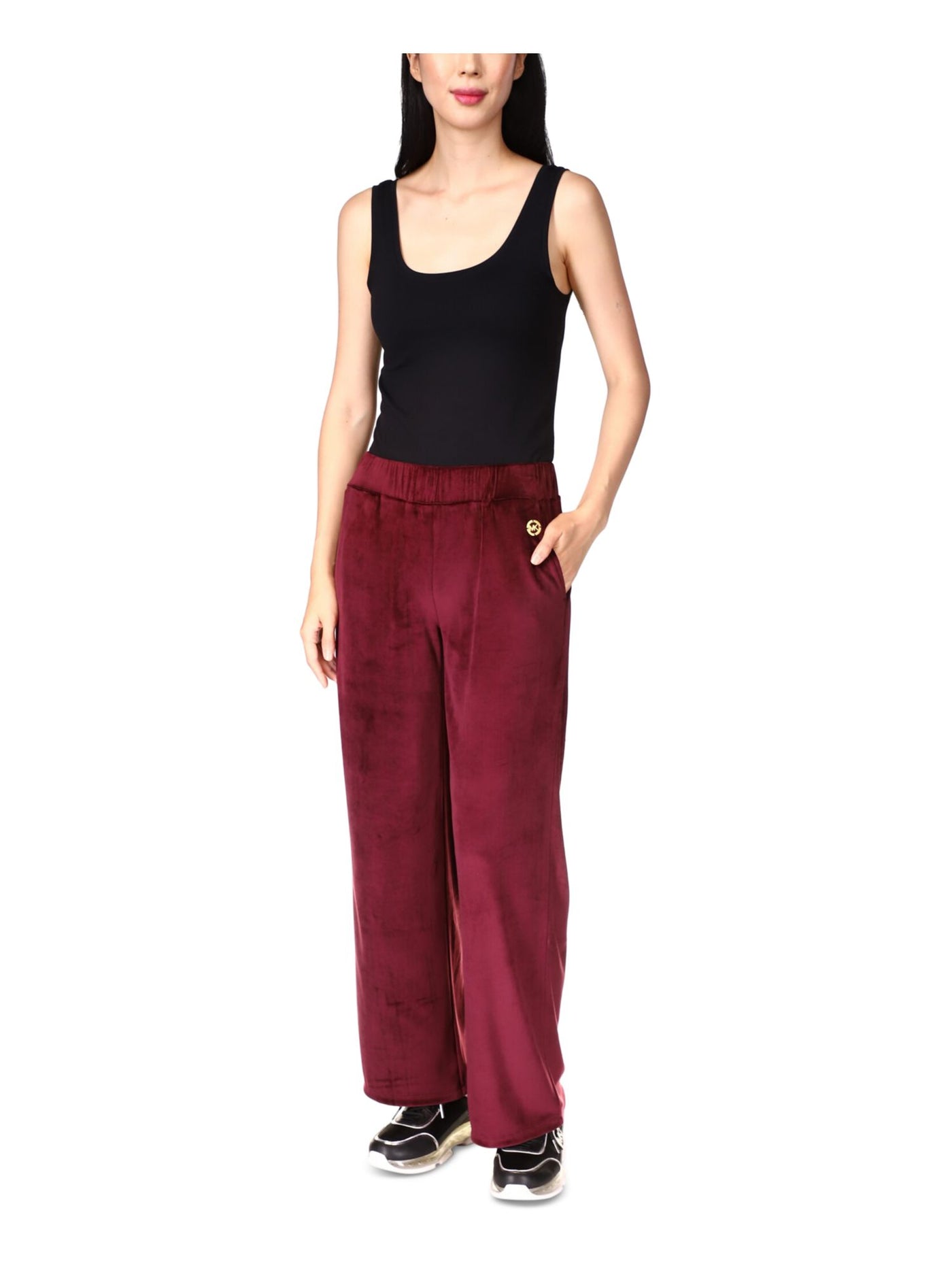 MICHAEL MICHAEL KORS Womens Burgundy Pocketed Pull-on Metallic Logo Velour Straight leg Pants XS