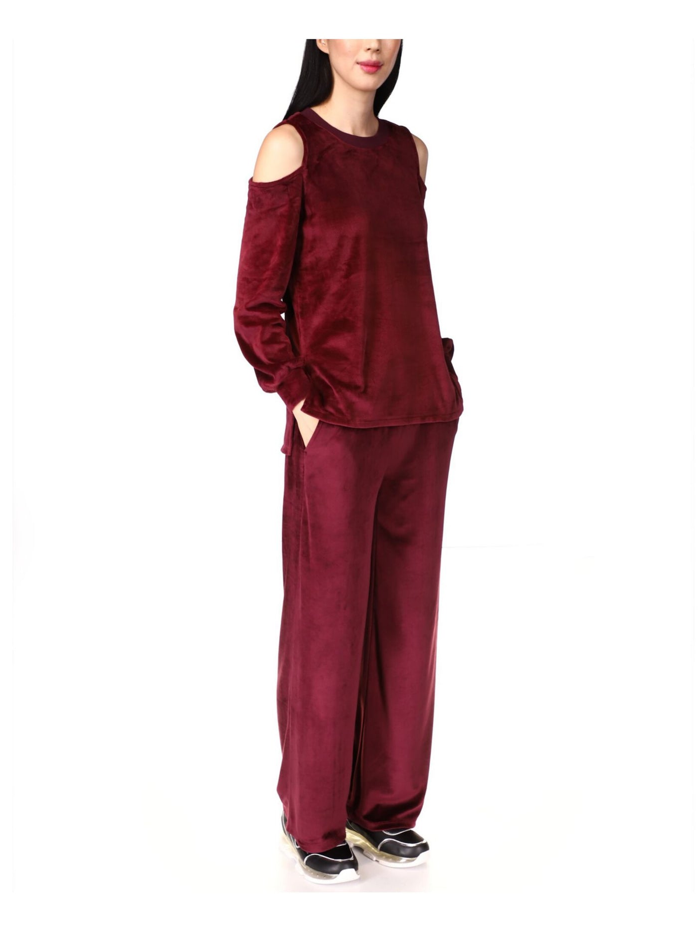 MICHAEL MICHAEL KORS Womens Burgundy Cold Shoulder Slitted Velour Long Sleeve Crew Neck Top S