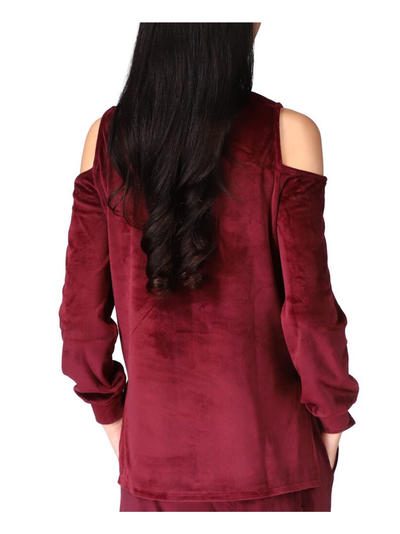 MICHAEL MICHAEL KORS Womens Burgundy Cold Shoulder Slitted Velour Long Sleeve Crew Neck Top S