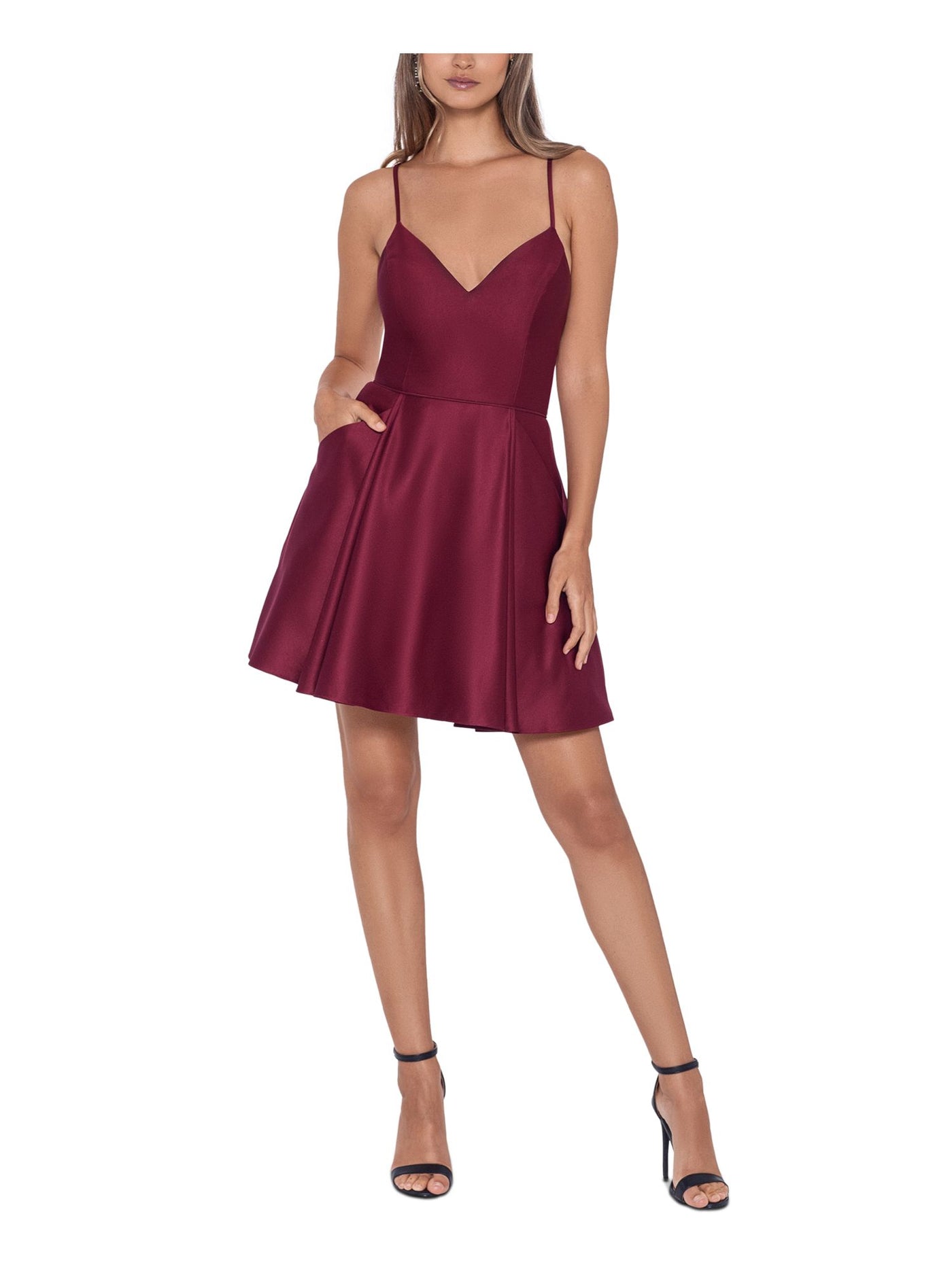 BLONDIE NITES Womens Maroon Zippered Pocketed Lace Back Pleated Skirt Spaghetti Strap V Neck Above The Knee Party Fit + Flare Dress 7