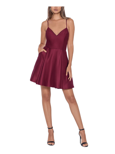 BLONDIE Womens Burgundy Zippered Pocketed Lace Back Pleated Skirt Spaghetti Strap V Neck Above The Knee Party Fit + Flare Dress 7