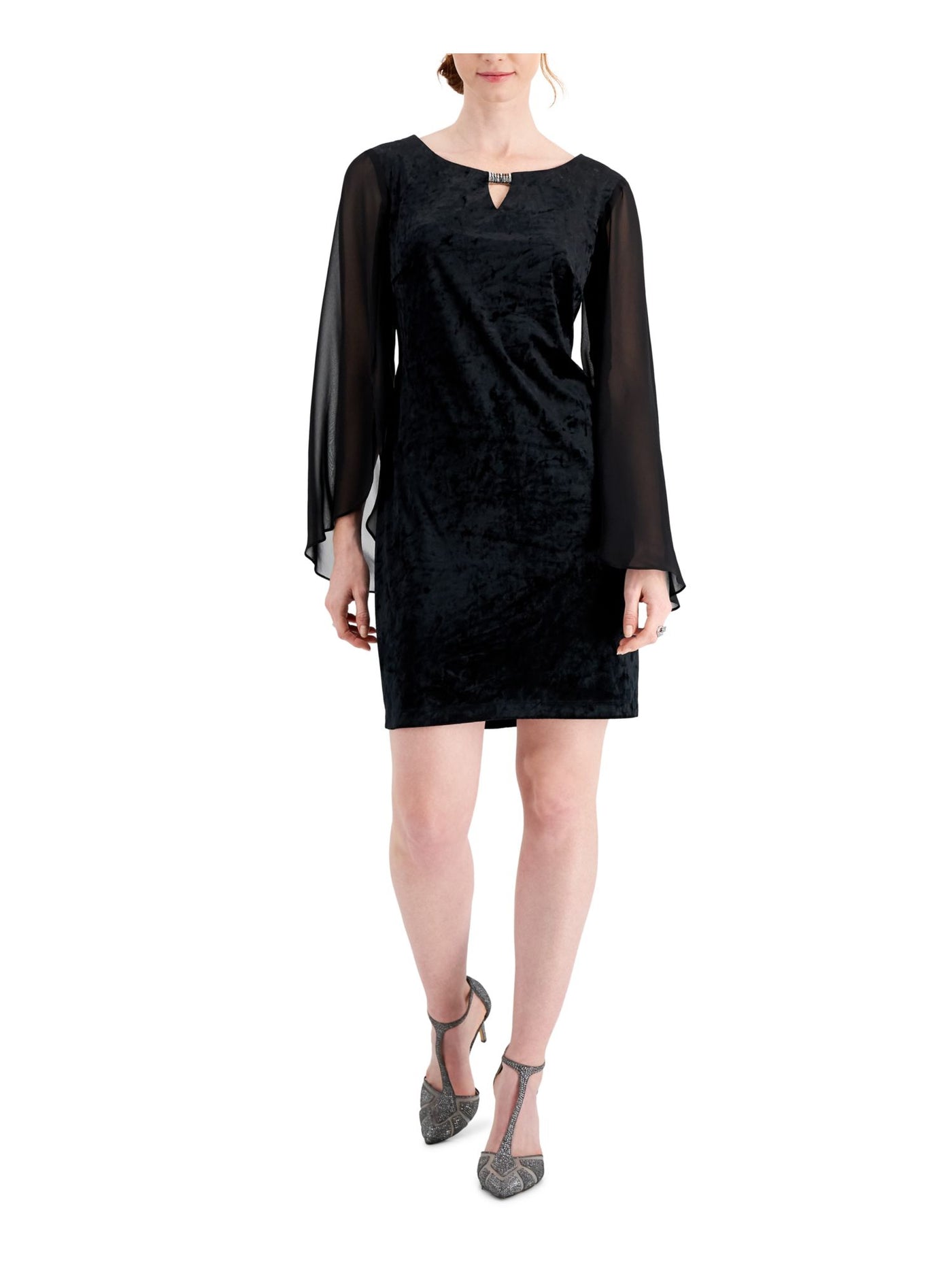 CONNECTED APPAREL Womens Black Embellished Velvet Tailored Fit Bell Sleeve Keyhole Short Party Sheath Dress Petites 4P