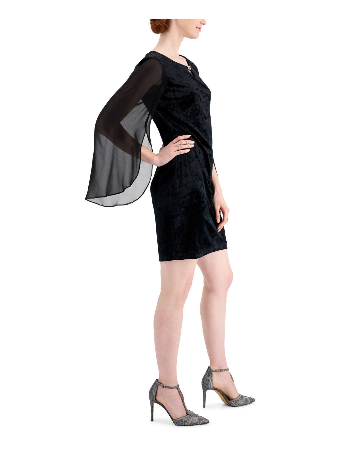 CONNECTED APPAREL Womens Embellished Velvet Tailored Fit Bell Sleeve Keyhole Short Party Sheath Dress