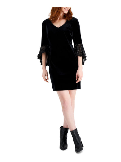 CONNECTED APPAREL Womens Glitter Sheer Velvet Embellished Pullover Bell Sleeve V Neck Above The Knee Party Sheath Dress