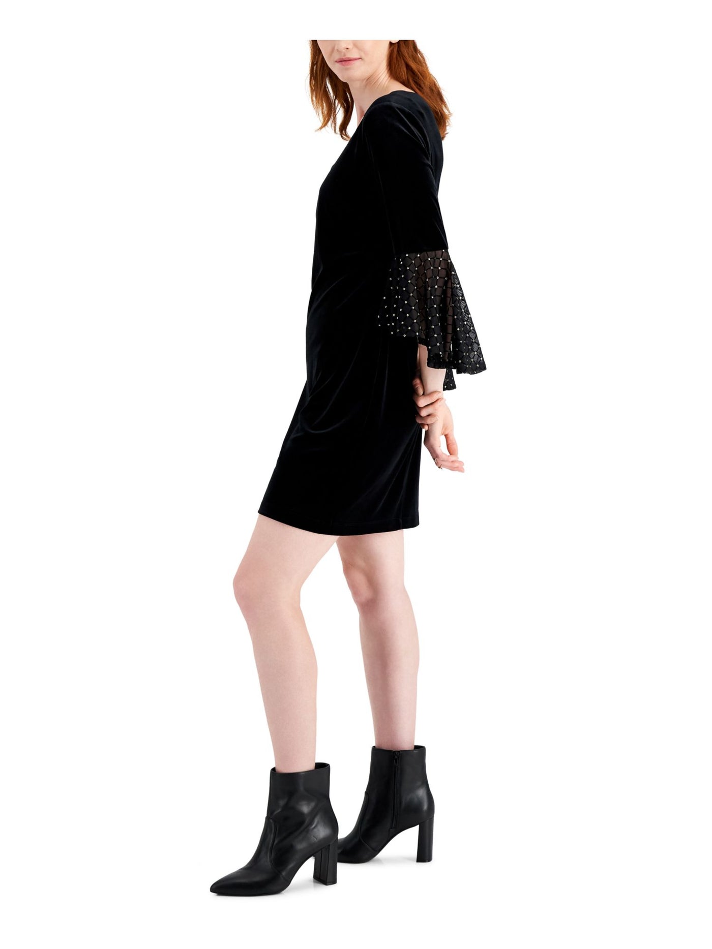 CONNECTED APPAREL Womens Glitter Sheer Velvet Embellished Pullover Bell Sleeve V Neck Above The Knee Party Sheath Dress