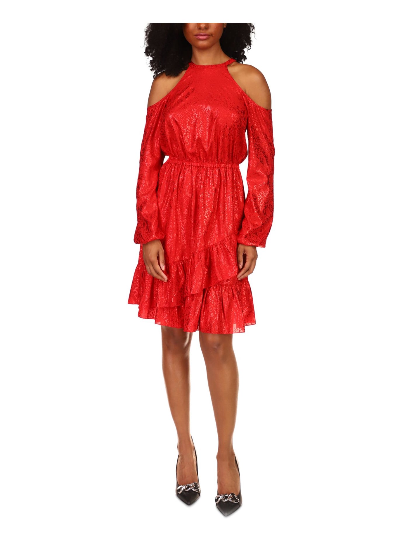 MICHAEL KORS Womens Red Printed Long Sleeve Halter Above The Knee Evening Ruffled Dress P\S