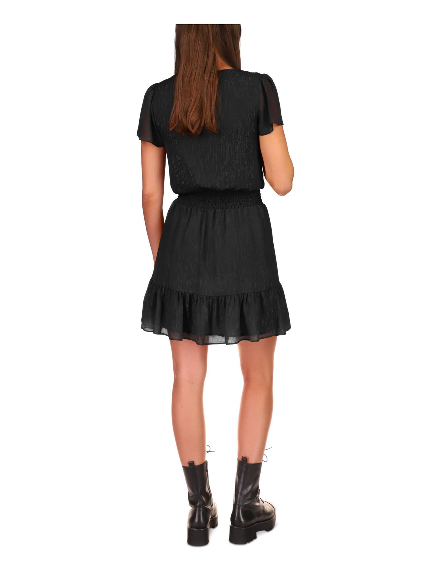 MICHAEL KORS Womens Black Smocked Sheer Lined Ruffled Hook And Eye Front Short Sleeve Surplice Neckline Above The Knee A-Line Dress XS