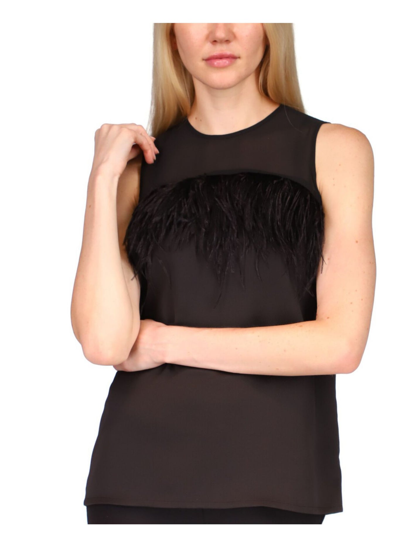 MICHAEL KORS Womens Black Feathered Darted Sheer Yoke Keyhole Closure Sleeveless Round Neck Cocktail Top XS