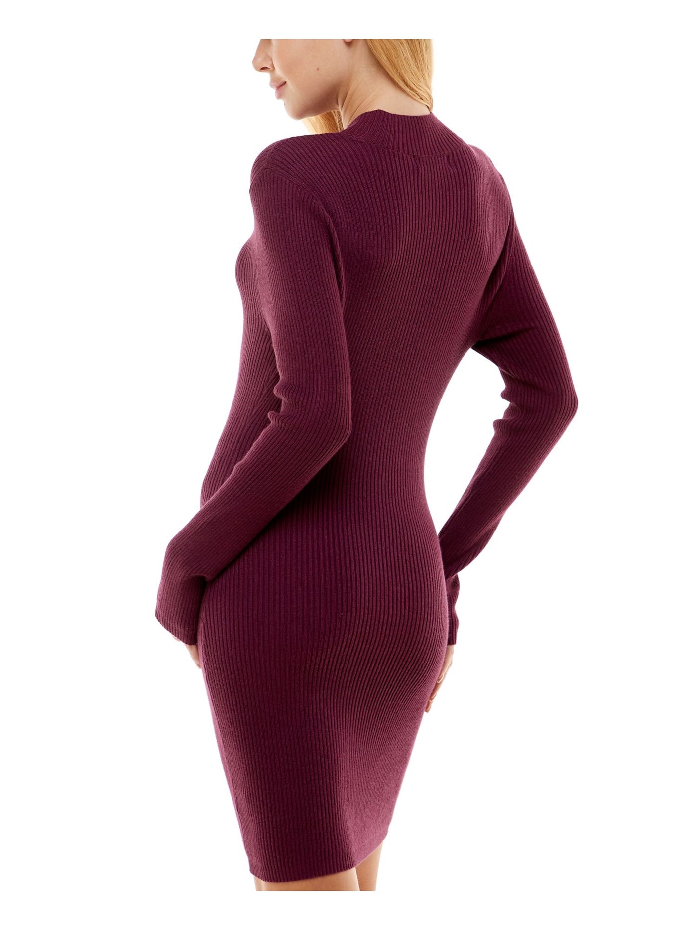 NO COMMENT Womens Purple Ribbed Cut Out Chain Detail Pullover Unlined Long Sleeve Mock Neck Short Party Sweater Dress S