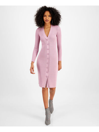 BAR III DRESSES Womens Knit Ribbed Fitted Button Detail Long Sleeve V Neck Below The Knee Party Sweater Dress