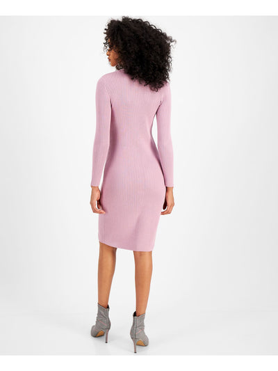 BAR III DRESSES Womens Knit Ribbed Fitted Button Detail Long Sleeve V Neck Below The Knee Party Sweater Dress